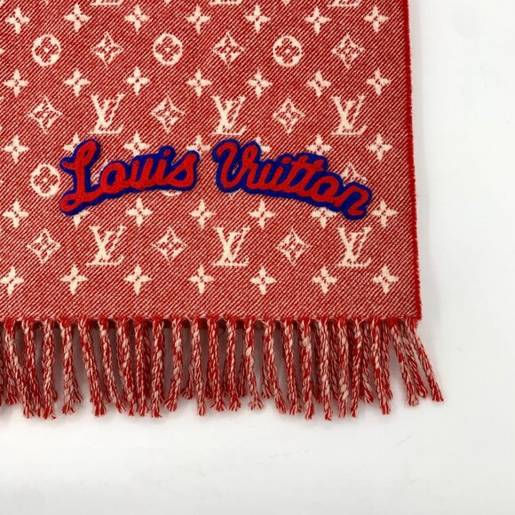 Louis Vuitton Red Monogram Wool & Cashmere Fringe Scarf 200x40cm - Picture 8 of 9